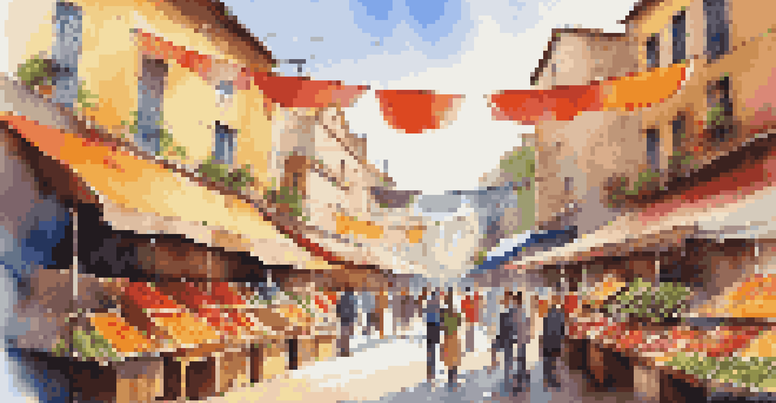 A bustling market filled with colorful stalls, fresh produce, and street art, buzzing with activity and sunlight.