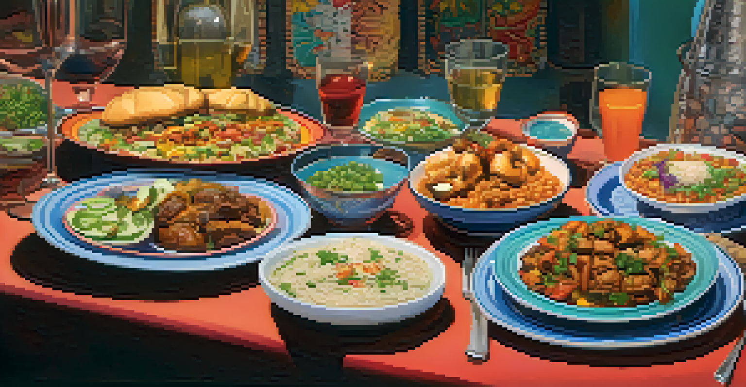 A festive table set with various street food dishes from different cultures, enhanced by colorful plates and soft lighting.
