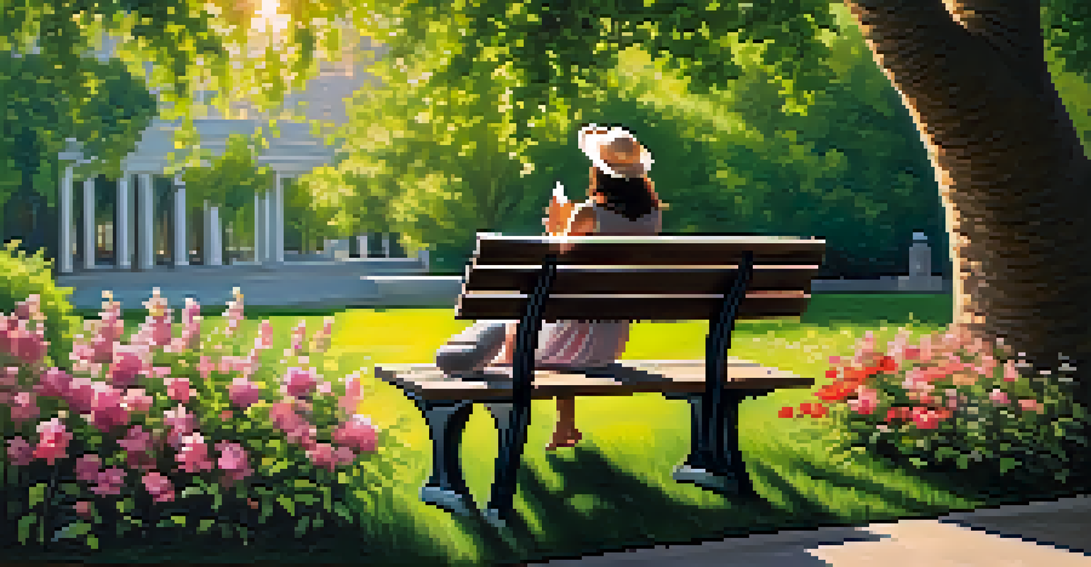A person solving a crossword puzzle on a park bench, surrounded by flowers and greenery in a sunny outdoor setting.