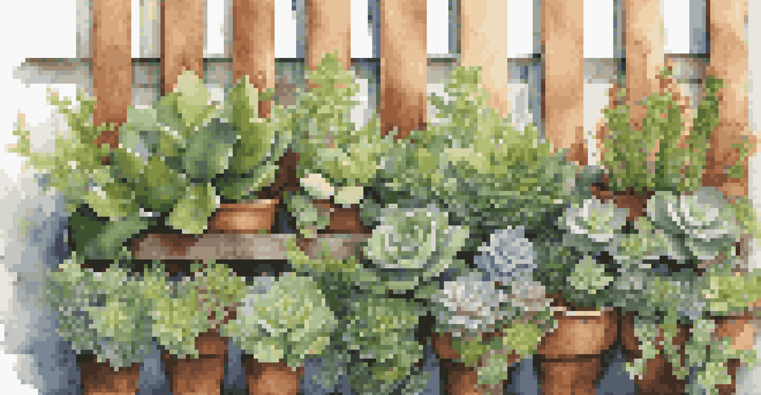 A detailed view of a vertical garden with various herbs and succulents growing on a wooden fence.