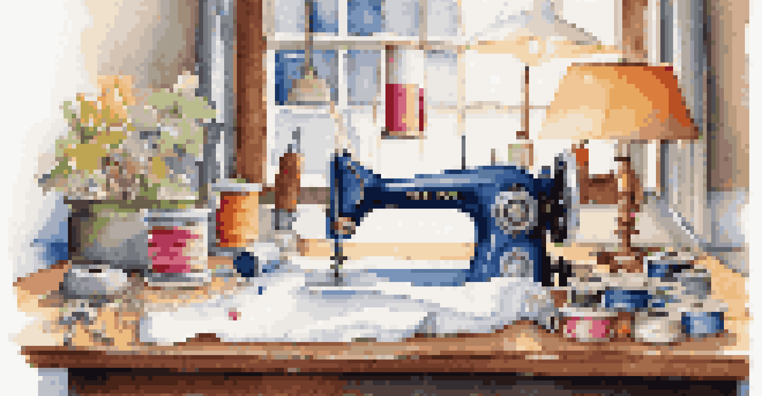 An organized sewing workspace with a sewing machine, bobbins, a cleaning brush, and a notebook.