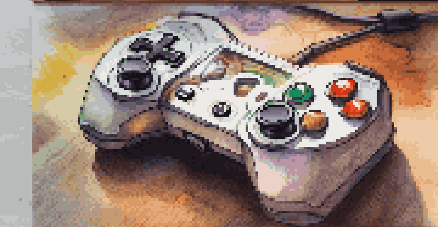 A close-up of a sleek gaming controller on a wooden surface, illuminated by soft warm light, with blurred gaming graphics in the background.