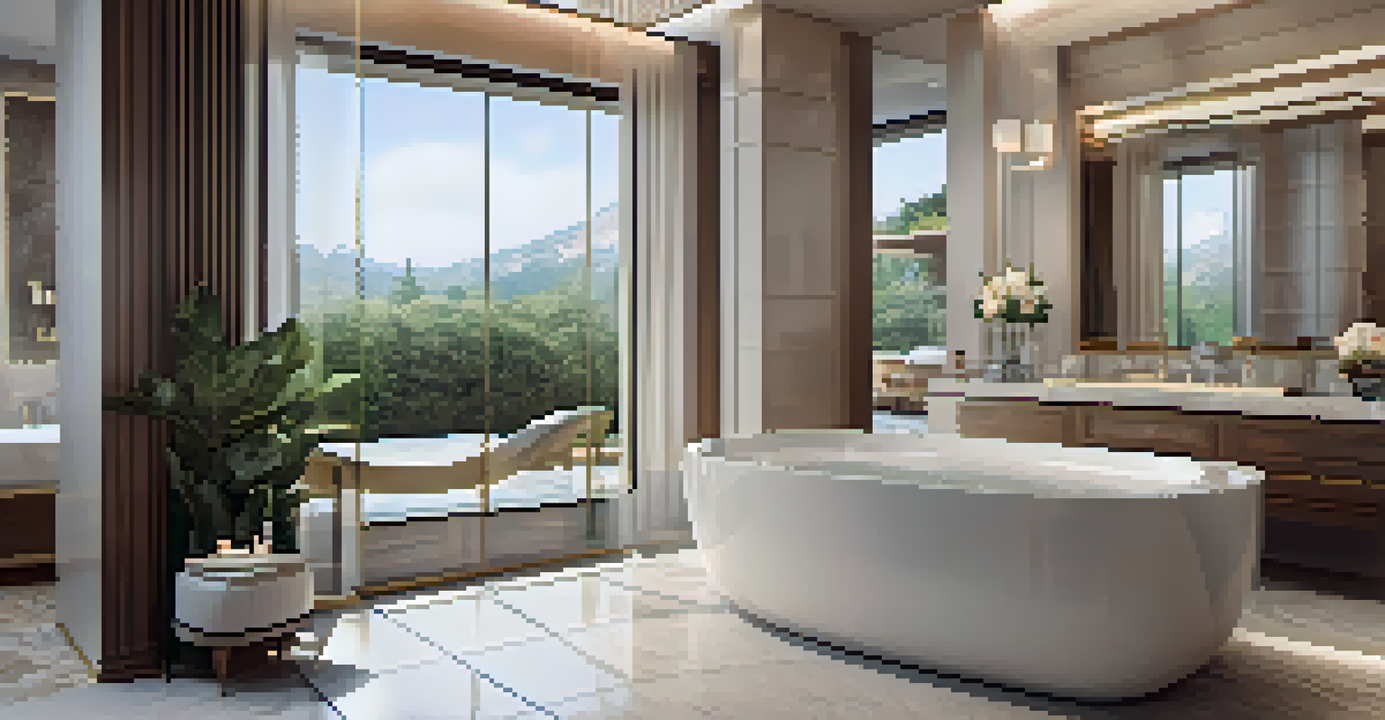 A luxurious bathroom featuring modern tiles, a soaking tub, and double vanities, illuminated by natural light and ambient lighting.