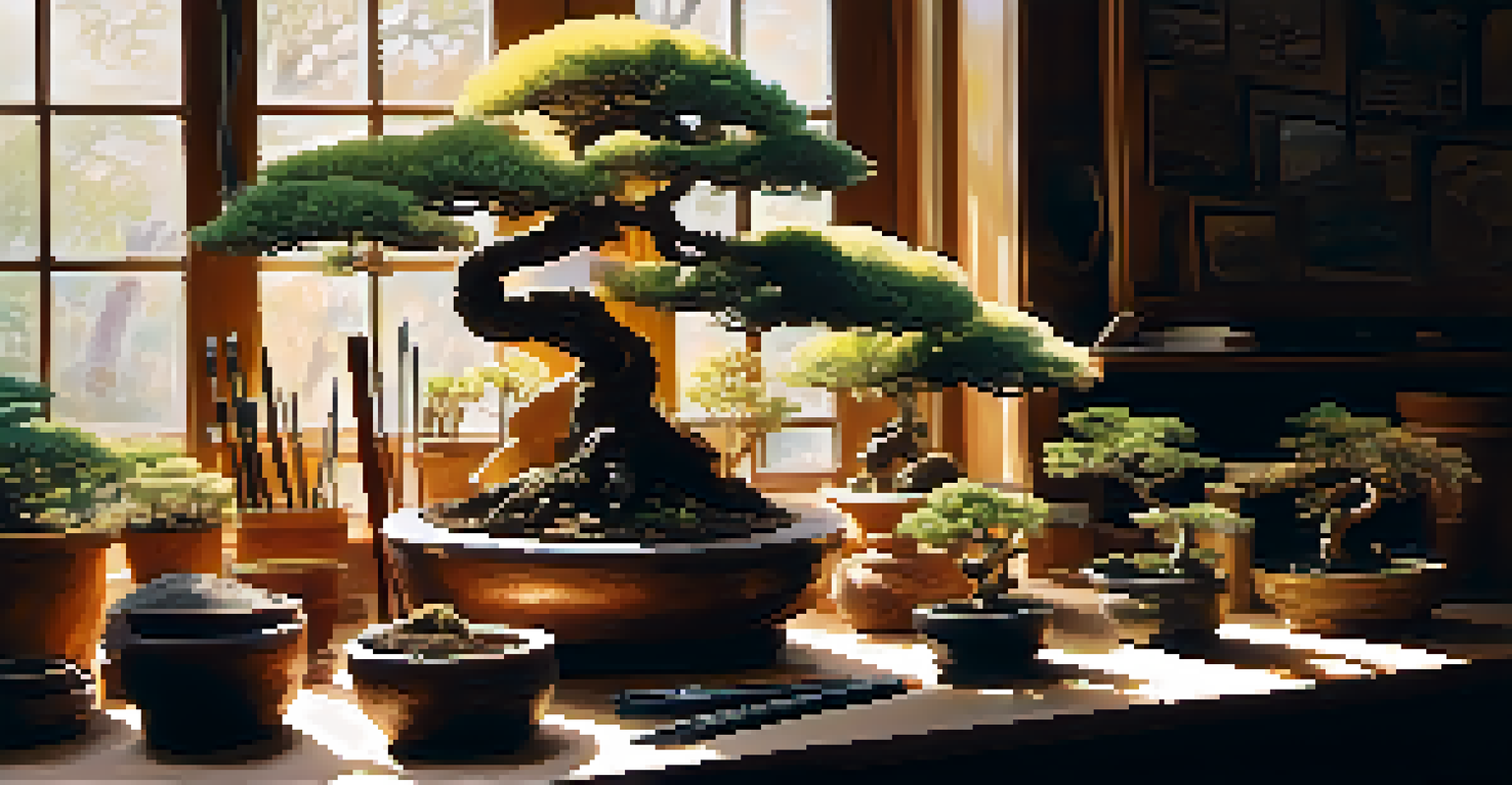 A workspace with bonsai tools and a partially shaped bonsai tree, illuminated by warm light.
