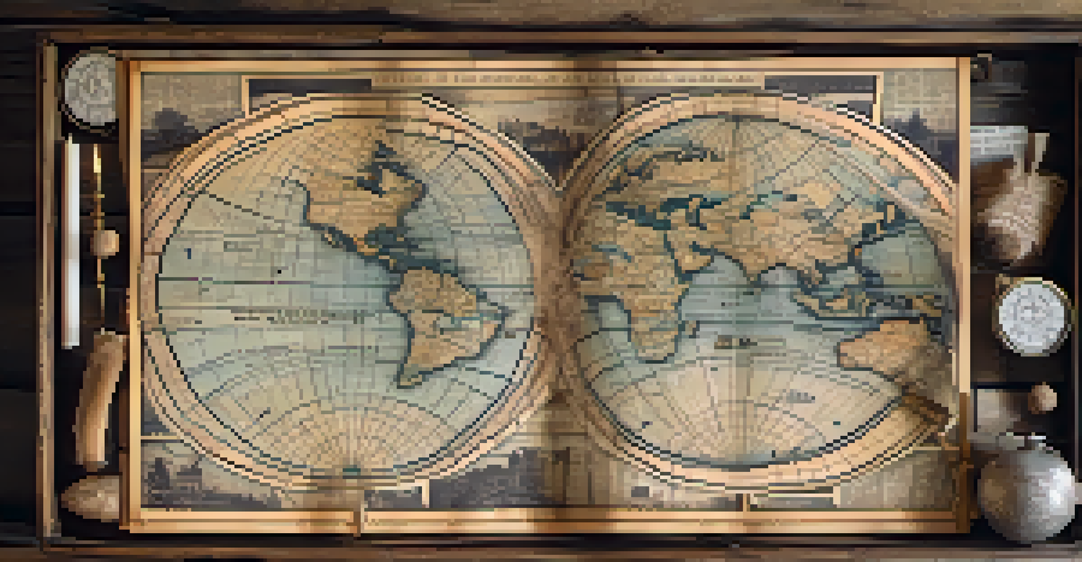 An antique wooden table displaying a historical map, surrounded by old photographs and documents.