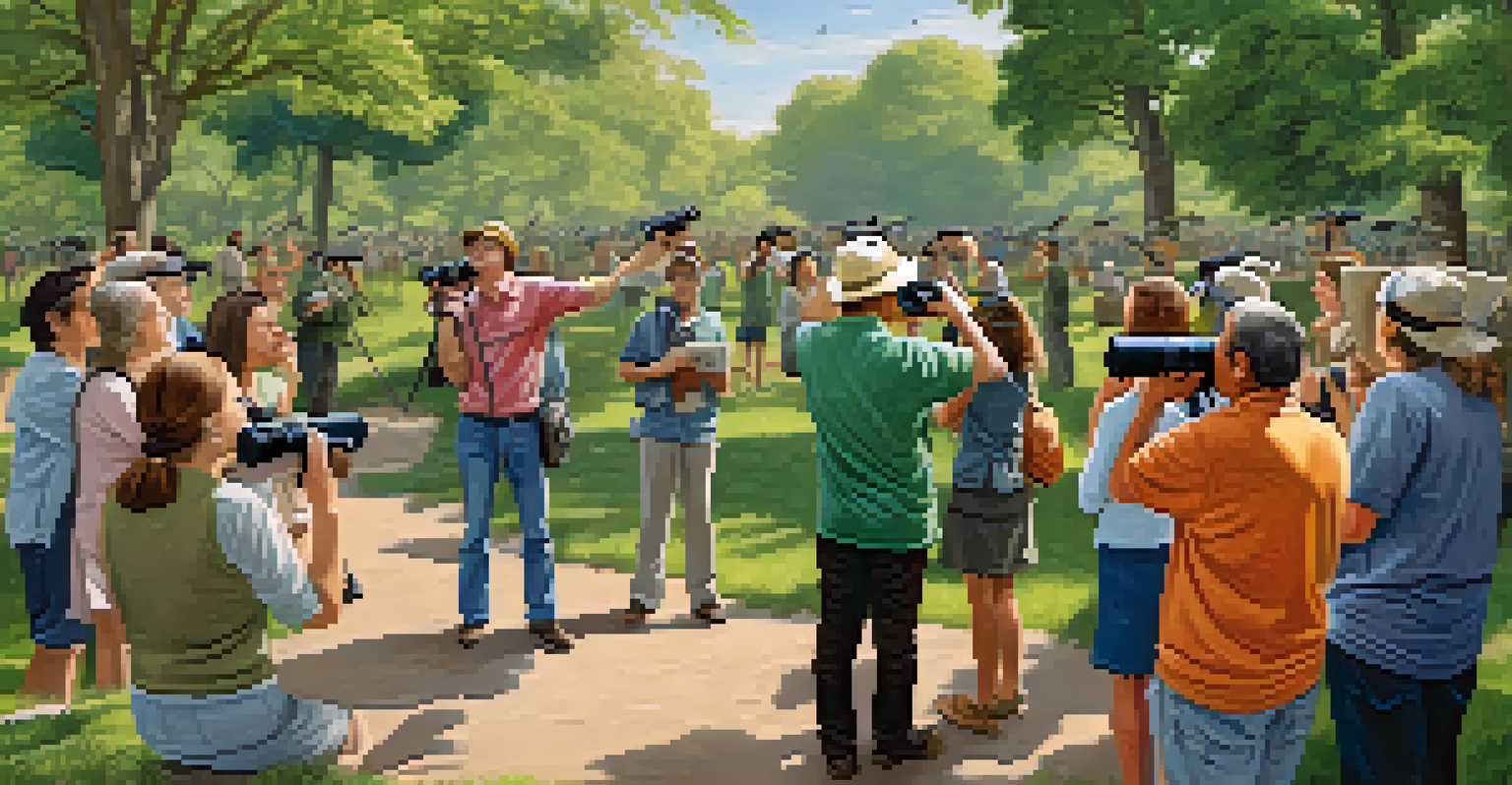 A diverse group of birdwatchers in a park, looking up at birds with binoculars and field guides in hand.