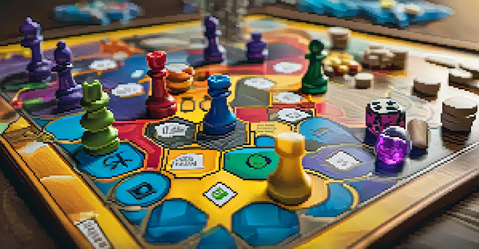 A close-up view of a colorful and intricately designed board game with game pieces.