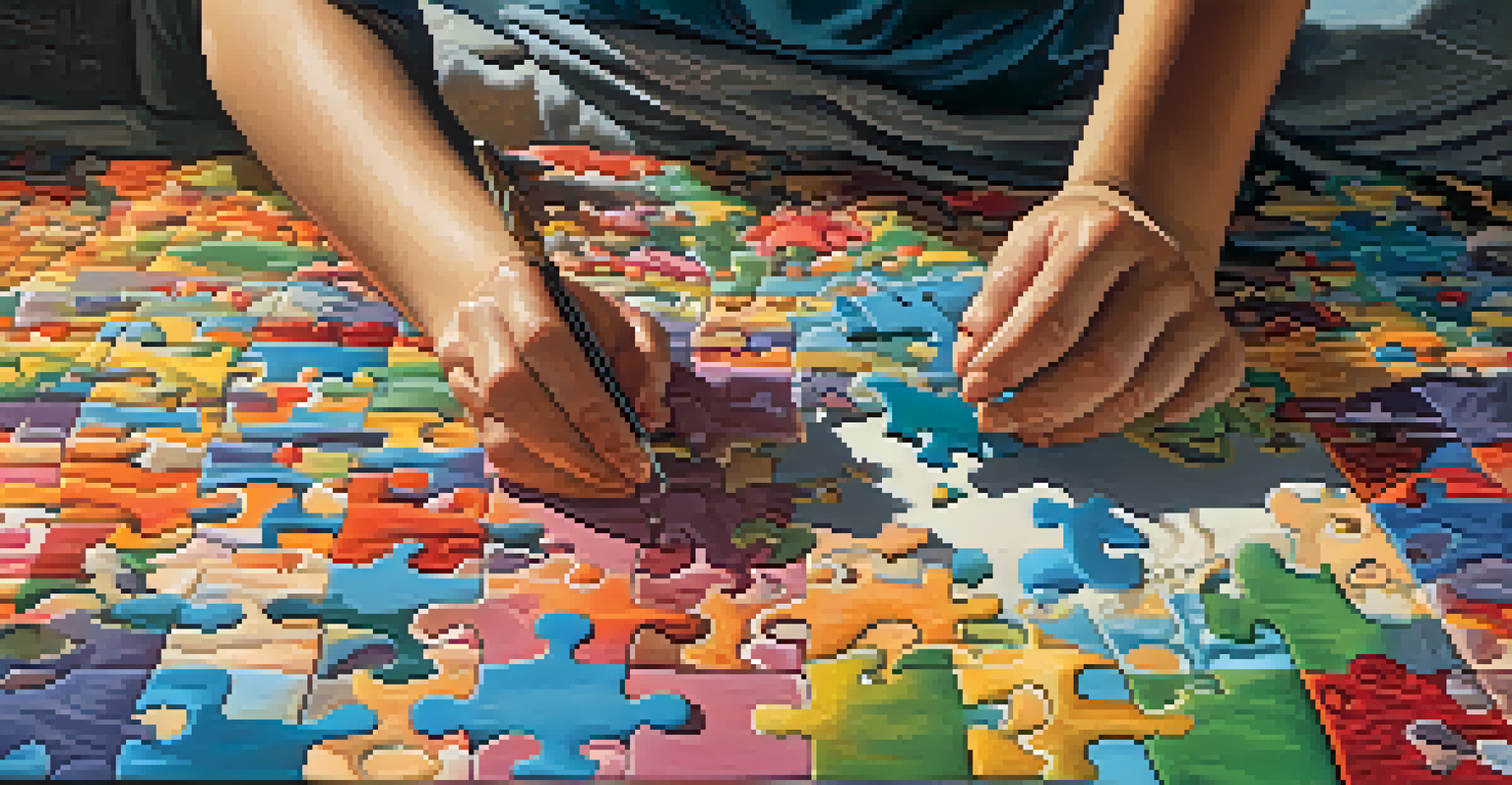 Close-up of hands sorting colorful jigsaw puzzle pieces on a textured fabric surface.