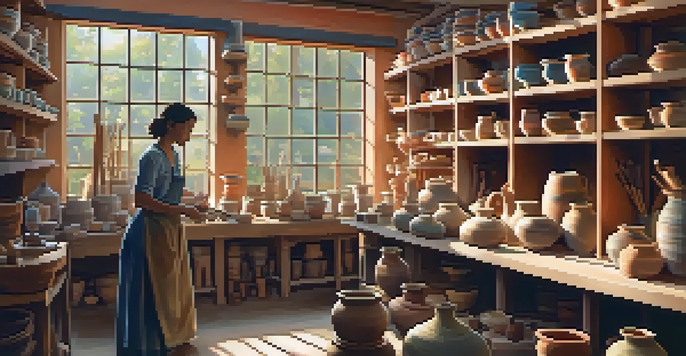 A potter working on a clay piece at a spinning wheel in a warm, inviting studio filled with colorful pottery and art supplies.