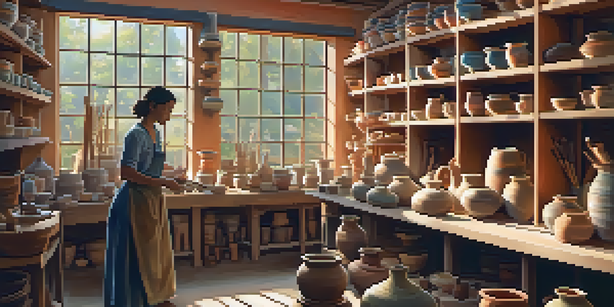 A potter working on a clay piece at a spinning wheel in a warm, inviting studio filled with colorful pottery and art supplies.