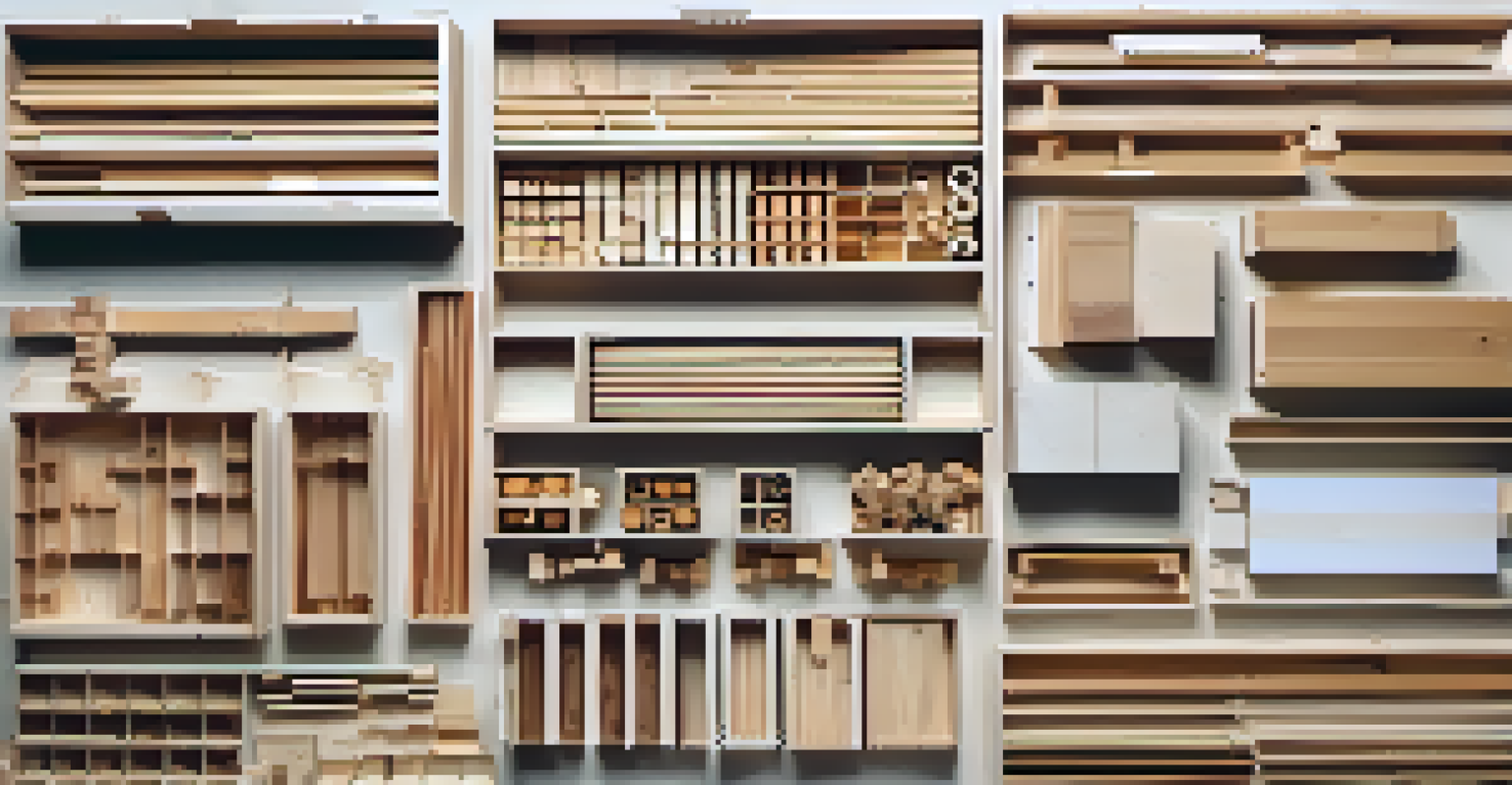 An overhead view of various types of wood joints arranged neatly, including box joints, biscuit joints, and pocket hole joints.