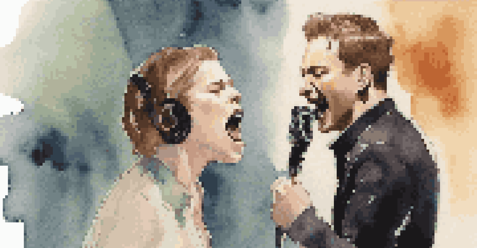A split image featuring a voice actor embodying a character and a singer passionately performing on stage, blending recording studio and concert stage backgrounds.