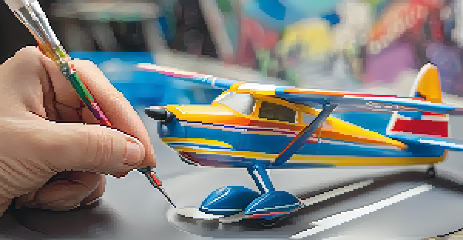 A close-up of a miniature airplane being painted with an airbrush, showing details and colors with the artist's hand applying paint.