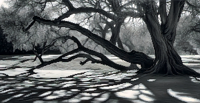 A black and white image of a weathered tree with detailed bark textures, illuminated by soft morning light, casting gentle shadows.