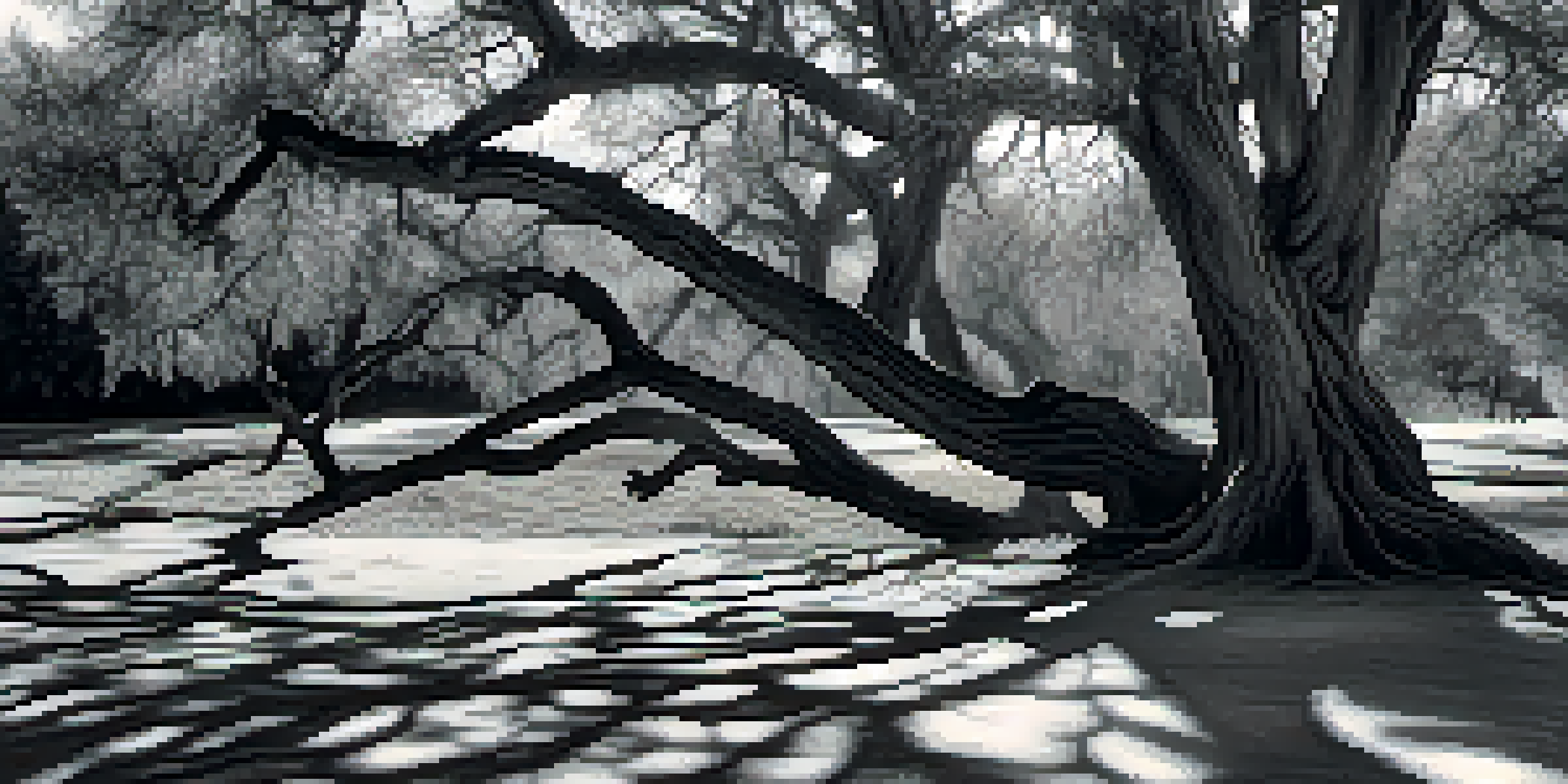 A black and white image of a weathered tree with detailed bark textures, illuminated by soft morning light, casting gentle shadows.