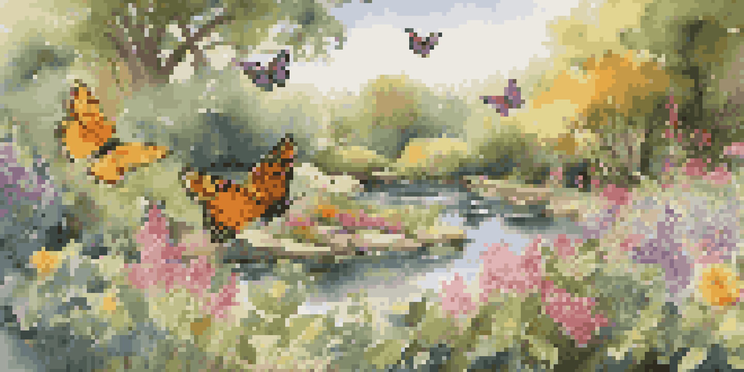 A colorful garden bustling with butterflies and birds, featuring a variety of flowers and a small pond, all illuminated by soft sunlight.