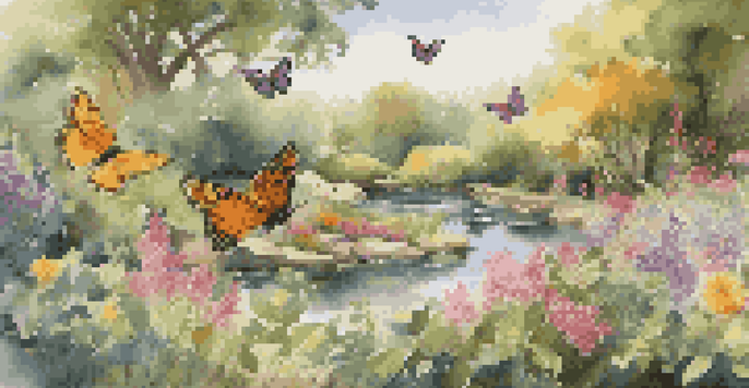 A colorful garden bustling with butterflies and birds, featuring a variety of flowers and a small pond, all illuminated by soft sunlight.