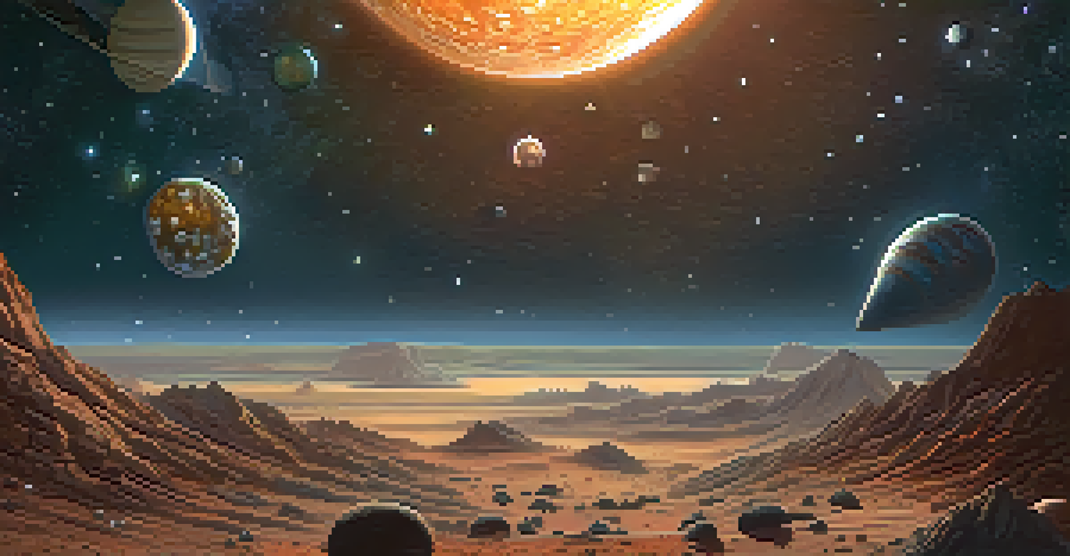 An illustration of the asteroid belt featuring diverse asteroids against a starry backdrop, illuminated by sunlight.