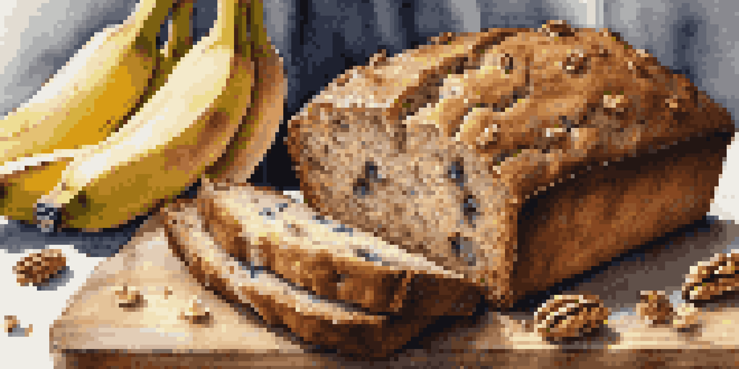 A sliced loaf of banana bread on a cutting board with walnuts, surrounded by bananas in a warm kitchen.