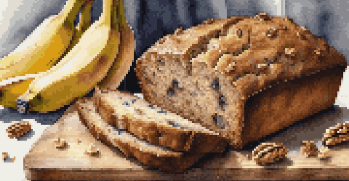 A sliced loaf of banana bread on a cutting board with walnuts, surrounded by bananas in a warm kitchen.