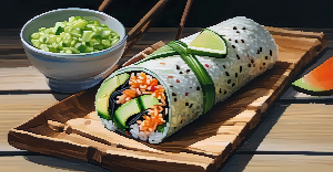 A colorful sushi burrito filled with fresh ingredients on a wooden table, accompanied by wasabi and pickled ginger.