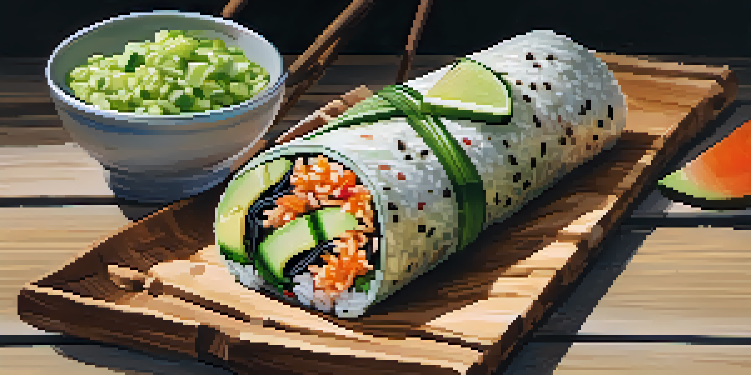 A colorful sushi burrito filled with fresh ingredients on a wooden table, accompanied by wasabi and pickled ginger.