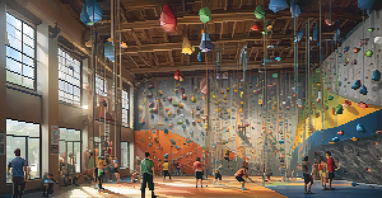An indoor climbing gym with climbers on colorful walls and a group discussing techniques in a warmly lit atmosphere.