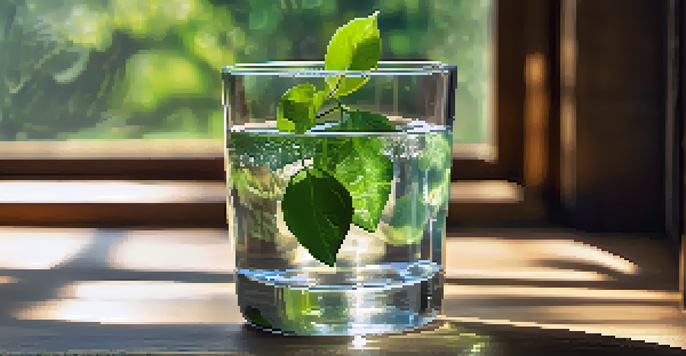 A glass of clean water on a wooden table with green leaves and sunlight.