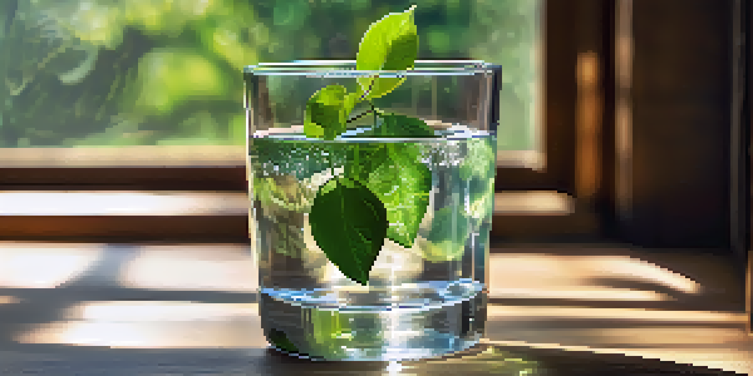 A glass of clean water on a wooden table with green leaves and sunlight.