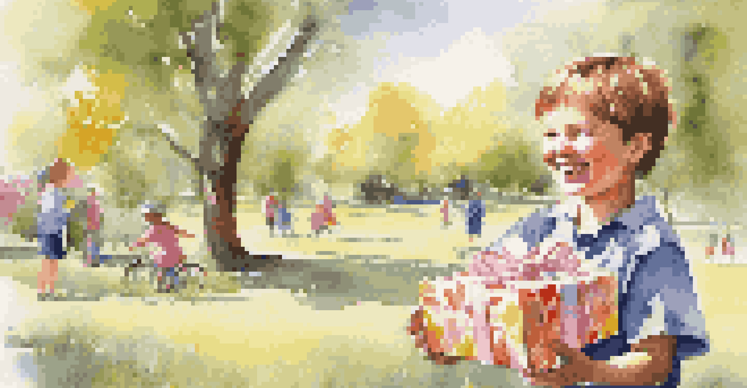 A child outdoors, happily presenting a wrapped handmade soap gift in a sunny park with flowers.