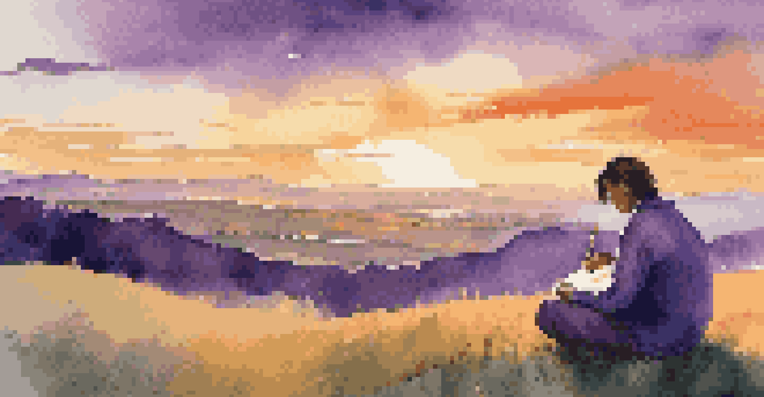 A person sitting on a hill, writing in a notebook during a colorful sunset.