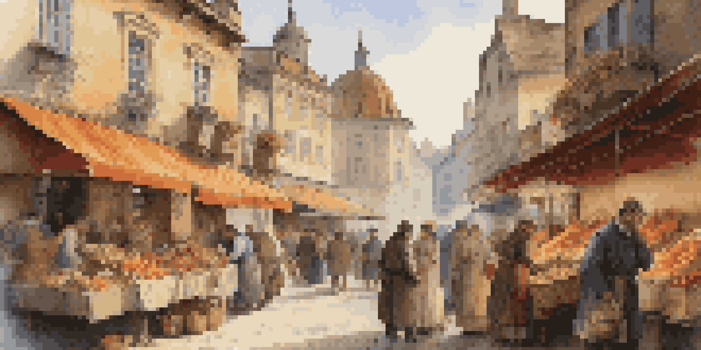 A vibrant 19th-century European marketplace with characters in period clothing and colorful stalls selling goods.