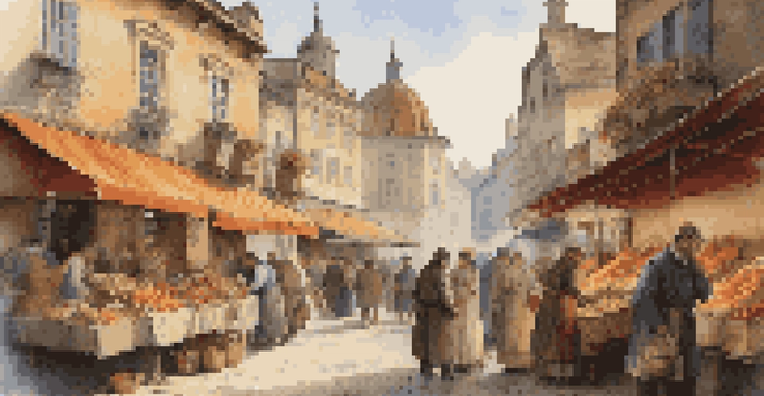 A vibrant 19th-century European marketplace with characters in period clothing and colorful stalls selling goods.