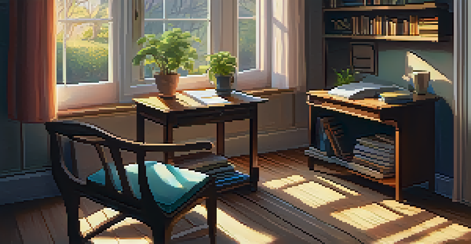 A cozy writing nook featuring a vintage wooden desk with notebooks and a steaming cup of tea, sunlit window, and a bookshelf.