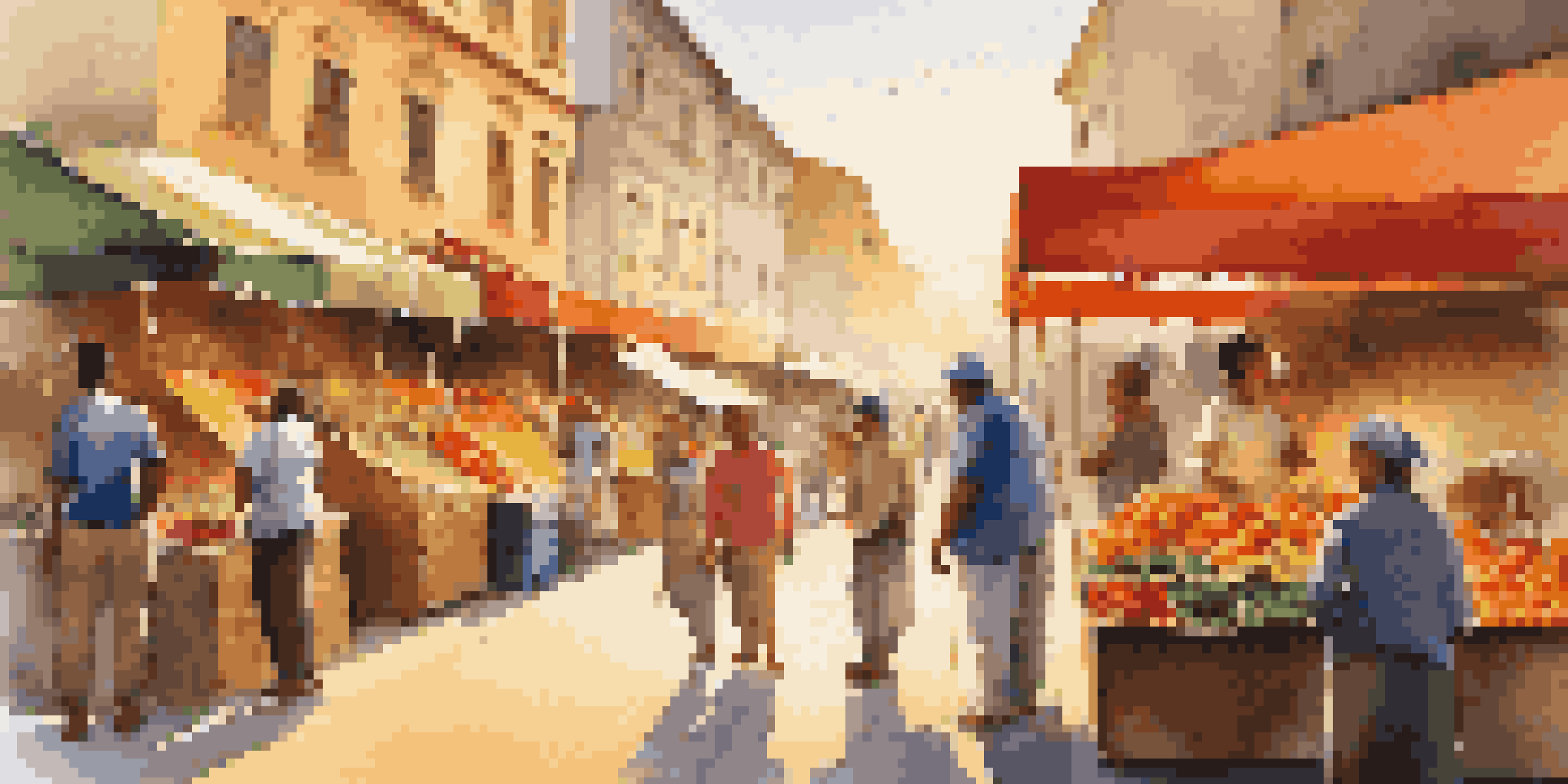 A bustling street market with colorful stalls and people chatting under warm sunlight.