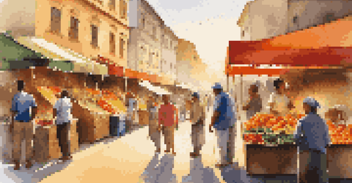 A bustling street market with colorful stalls and people chatting under warm sunlight.