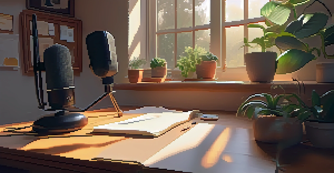 A warm and inviting podcasting studio with a wooden desk, high-quality microphone, and soft golden sunlight coming through a window.