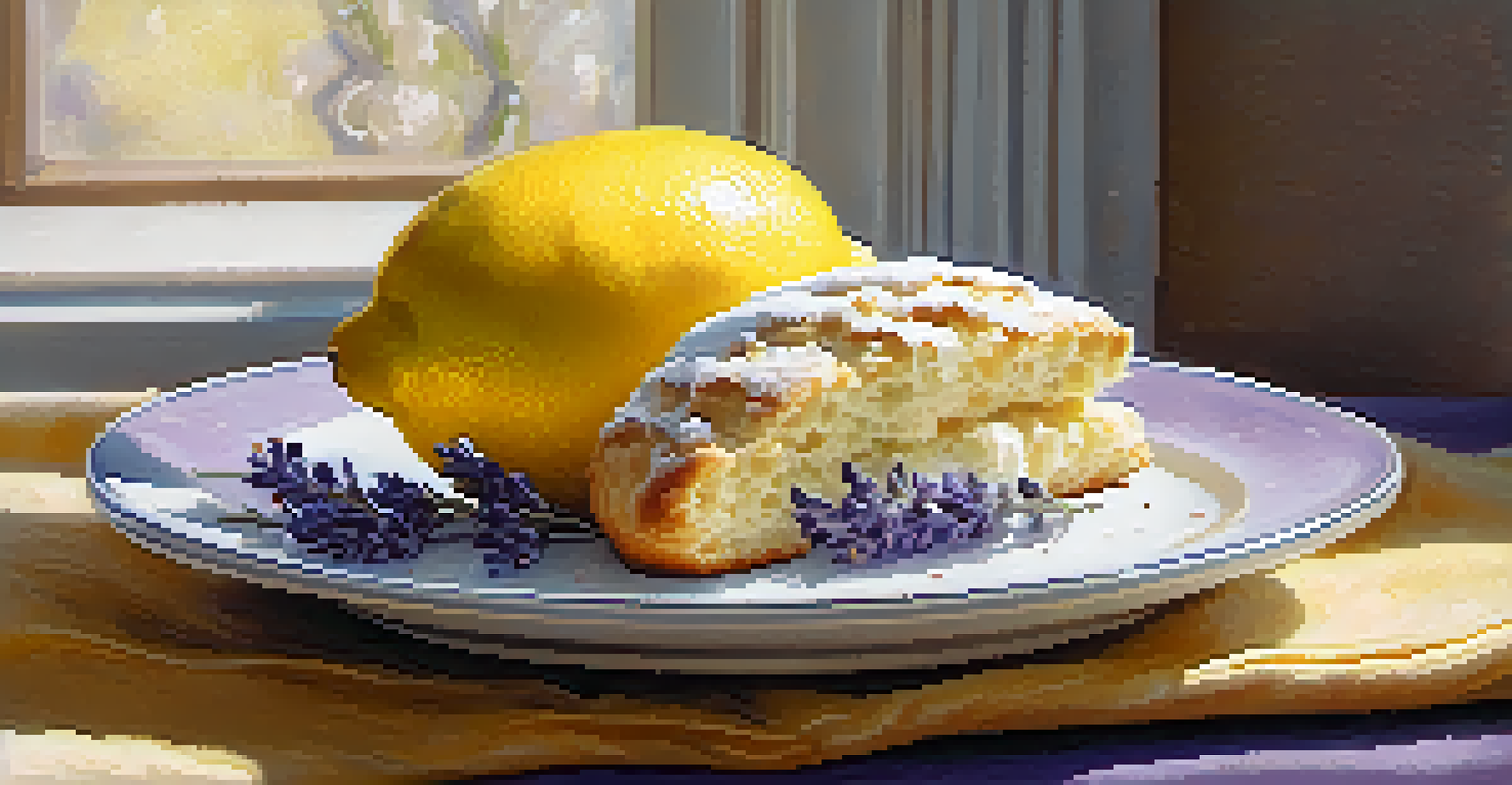 A lemon-lavender scone on a porcelain plate, dusted with powdered sugar and decorated with lemon slices and lavender.