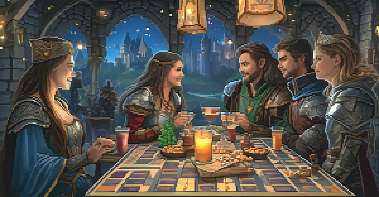 A fantasy-themed board game night with players in medieval costumes, themed snacks on the table, and ambient fairy lights creating a magical atmosphere.