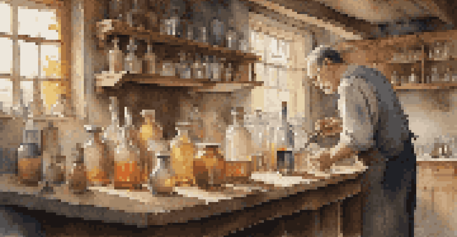 A middle-aged distiller in a cozy workshop, tasting a spirit in a glass, surrounded by tools and ingredients, with soft afternoon light streaming through a window.