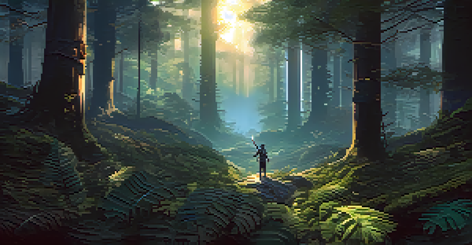 A virtual reality game scene featuring a character in a dark forest, with a glowing sword, engaged in a mysterious adventure.