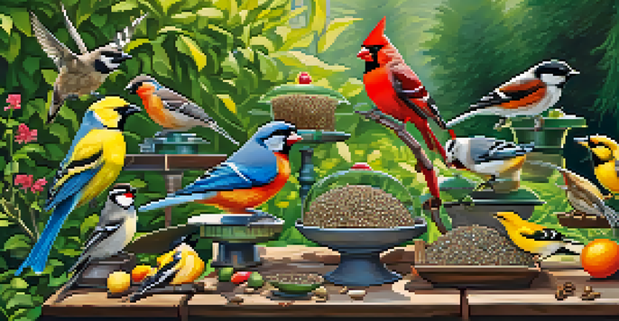 A vibrant backyard scene with various bird feeders and colorful birds feeding, surrounded by blooming flowers.