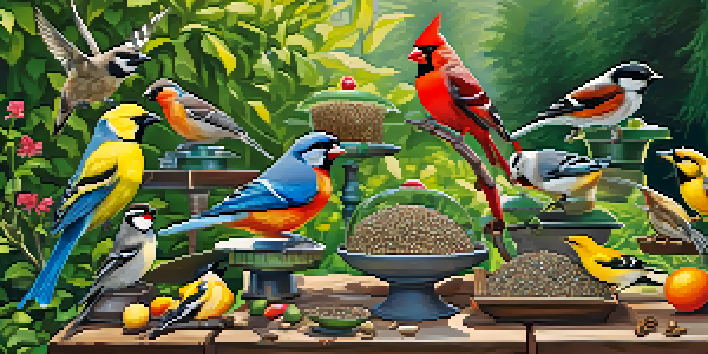 A vibrant backyard scene with various bird feeders and colorful birds feeding, surrounded by blooming flowers.