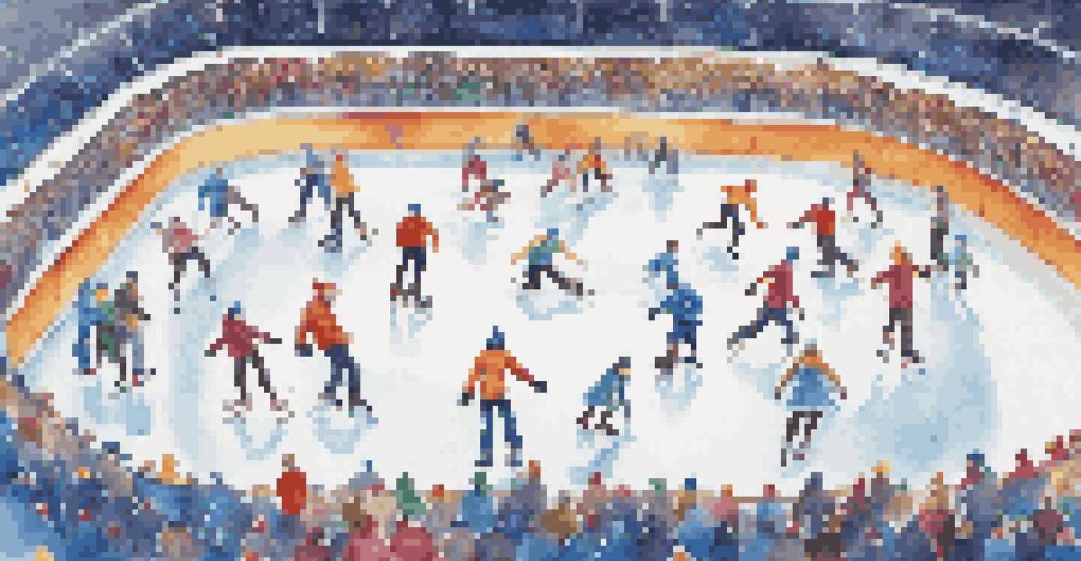 An aerial view of an ice rink filled with skaters performing, showcasing colorful costumes and intricate patterns on the ice.