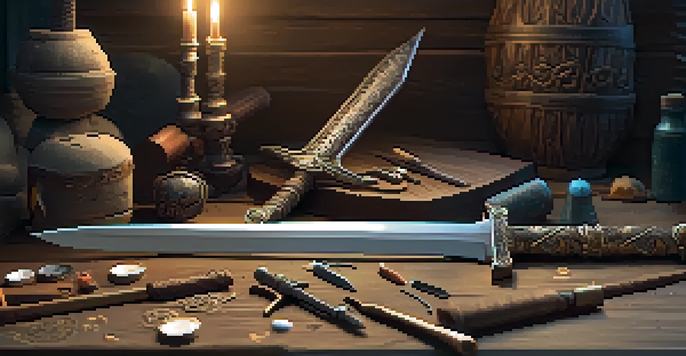 A close-up image of a beautifully crafted fantasy sword on a workbench with crafting tools around it.