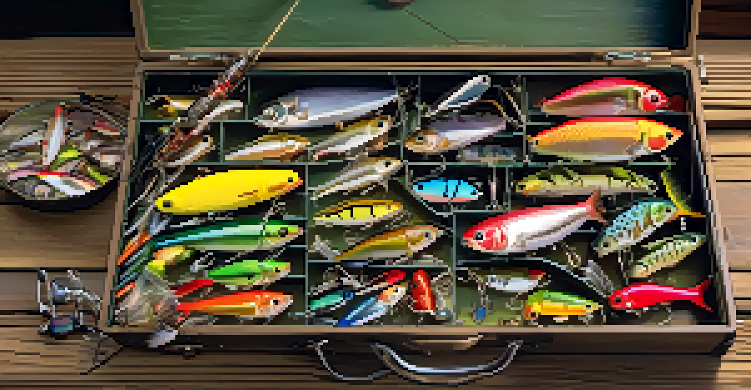 A colorful fishing tackle box filled with various baits and lures, placed on a wooden table with sunlight streaming in.