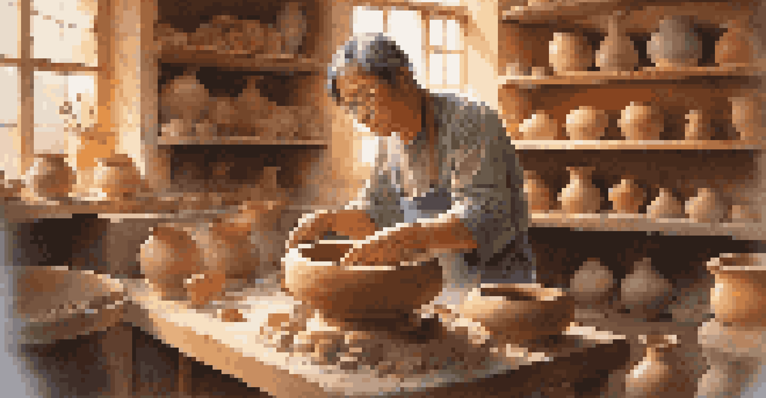A potter working on a clay vessel at a potter's wheel, with colorful glazes and tools around them.