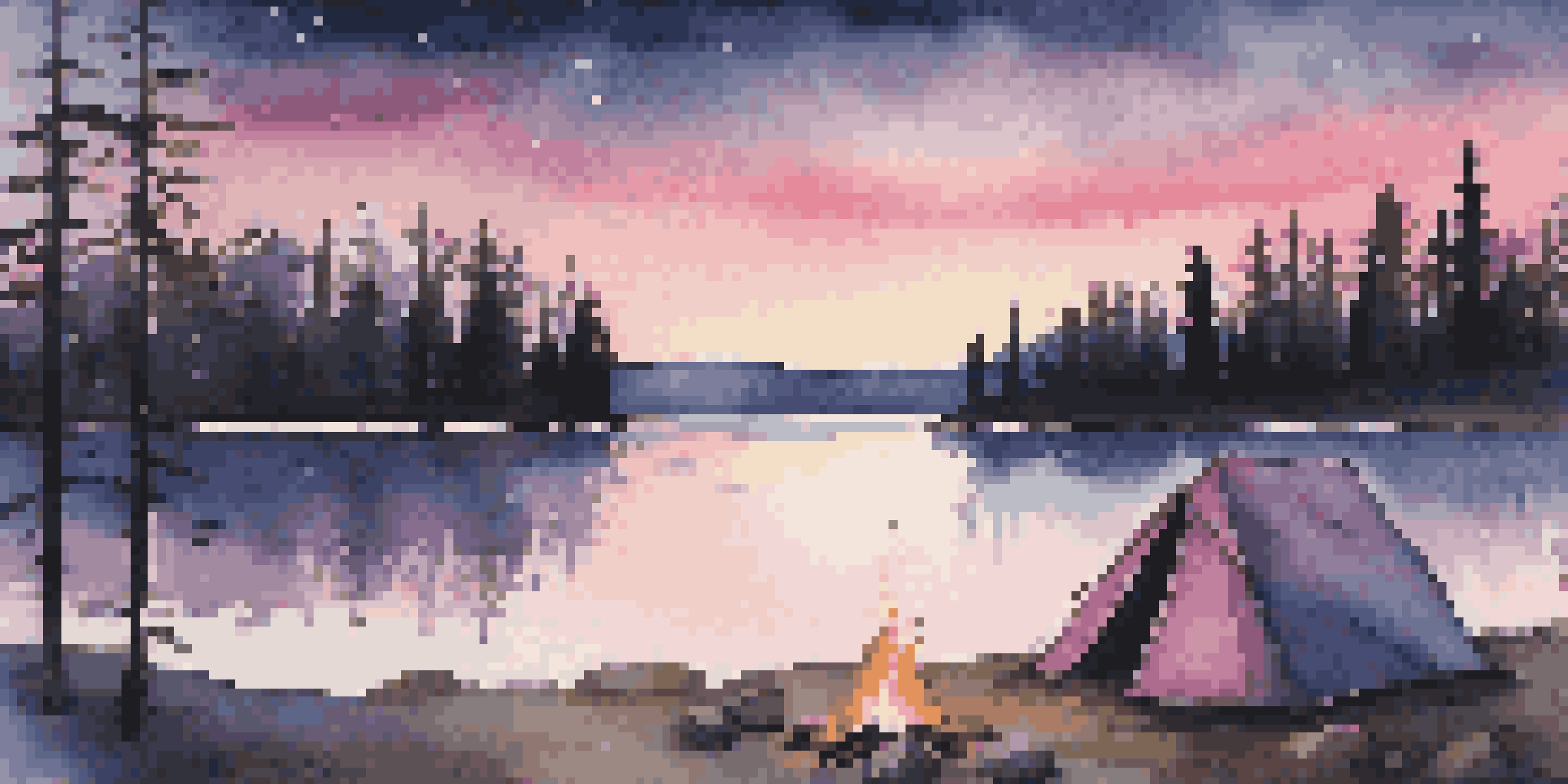 A peaceful camping scene at twilight with a tent, lake reflection, and a glowing campfire.