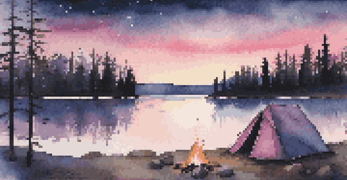 A peaceful camping scene at twilight with a tent, lake reflection, and a glowing campfire.