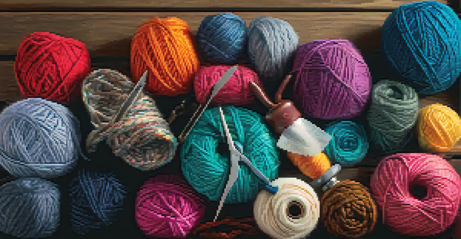 A close-up of colorful yarns on a crafting table with scissors and measuring tape.